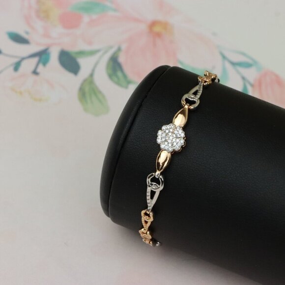 Elegant Rose Gold+Silver Floral Bracelet with Sparkling Center, XPBL0724 - Picture 9 of 12